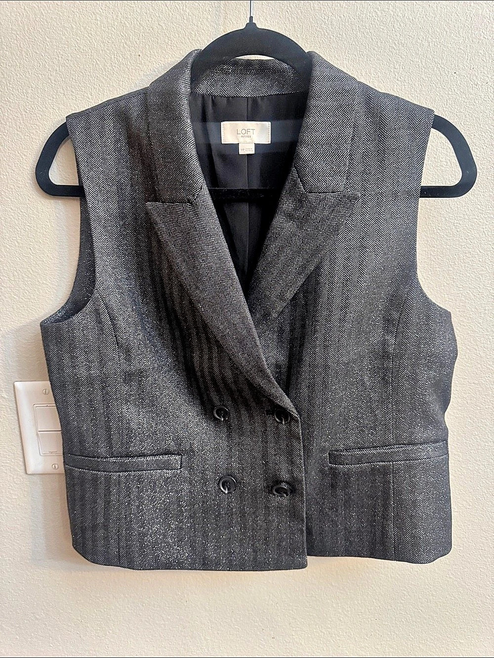 LOFT Women's Herringbone Button Front Vest in Black Like New